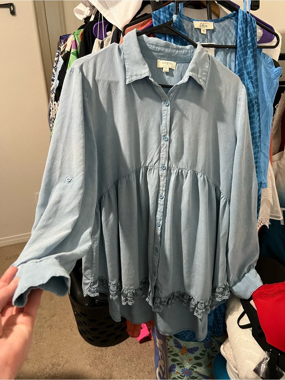 Umgee Dusty Blue Button-Front Baby doll Peplum Tunic with Lace Hem - Picture 14 of 16